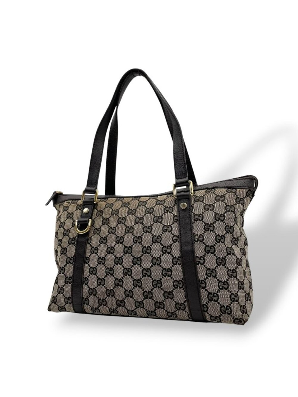 Gucci GG Canvas Leather Tote Shoulder Bag Gray Dark Brown Gold Charm
